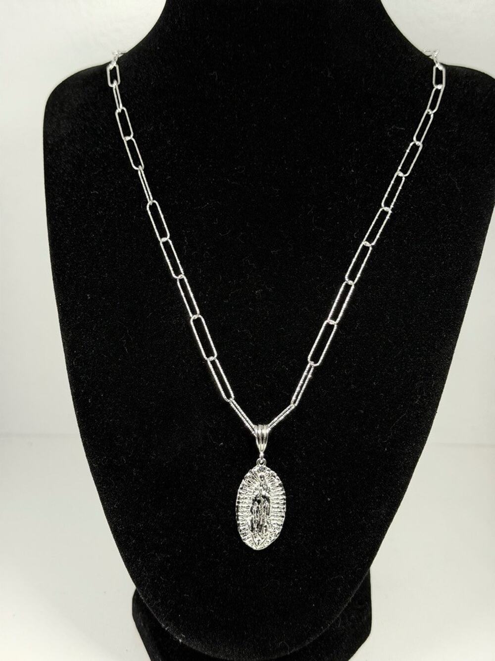 Virgin Mary Guadalupe Pendant Necklace Silver Tone Paperclip Chain 21 In